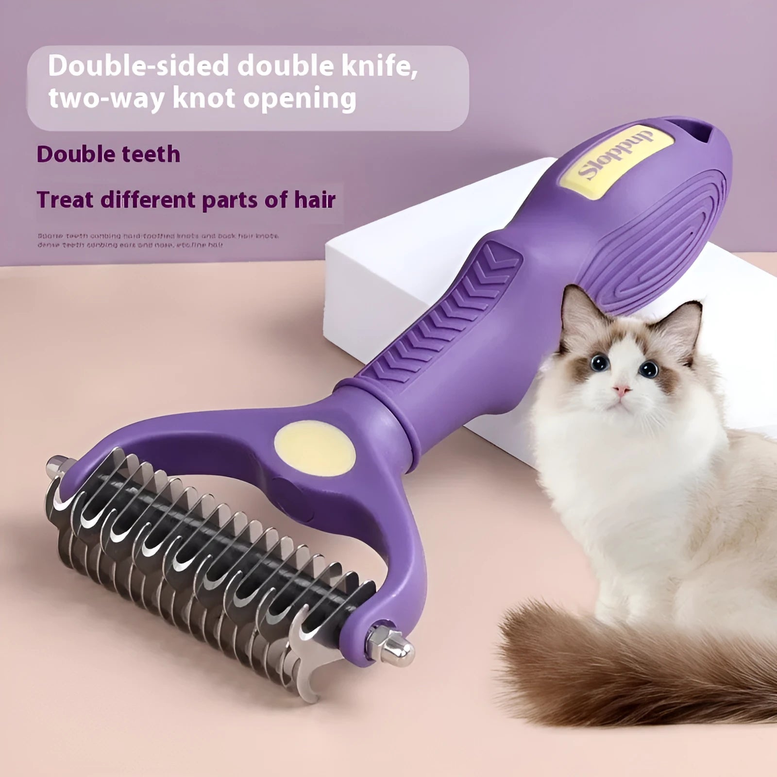 Purple double-sided pet comb for cats and dogs with knot untangling function