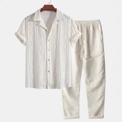 Men's camouflage print linen short-sleeved shirt and trousers set with cardigan lapel in slim-fit style