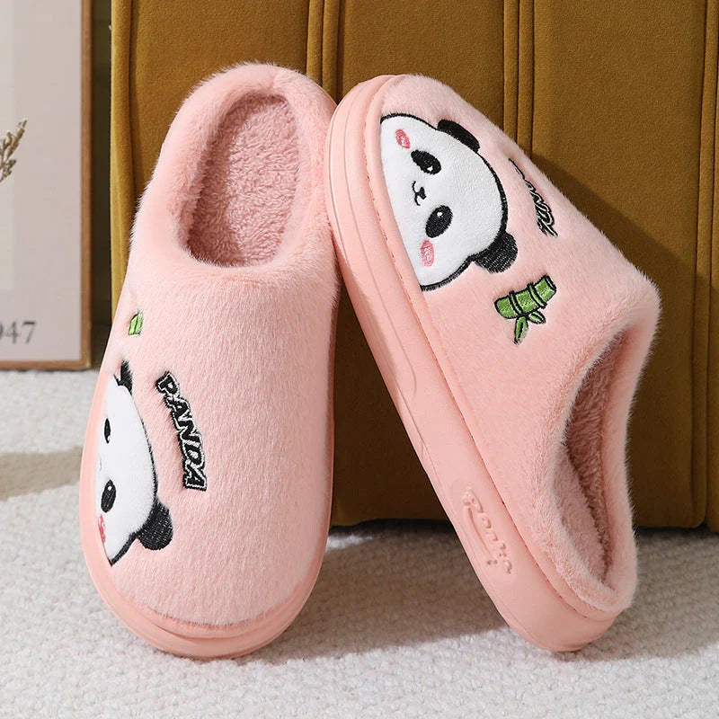 Cozy and stylish panda-themed plush slippers with a thick, cushioned sole for maximum comfort around the house