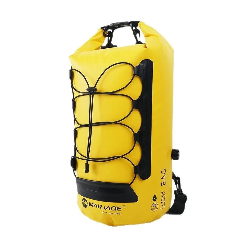 Yellow and black 20-litre PVC waterproof camping backpack with dry wet separation compartments.