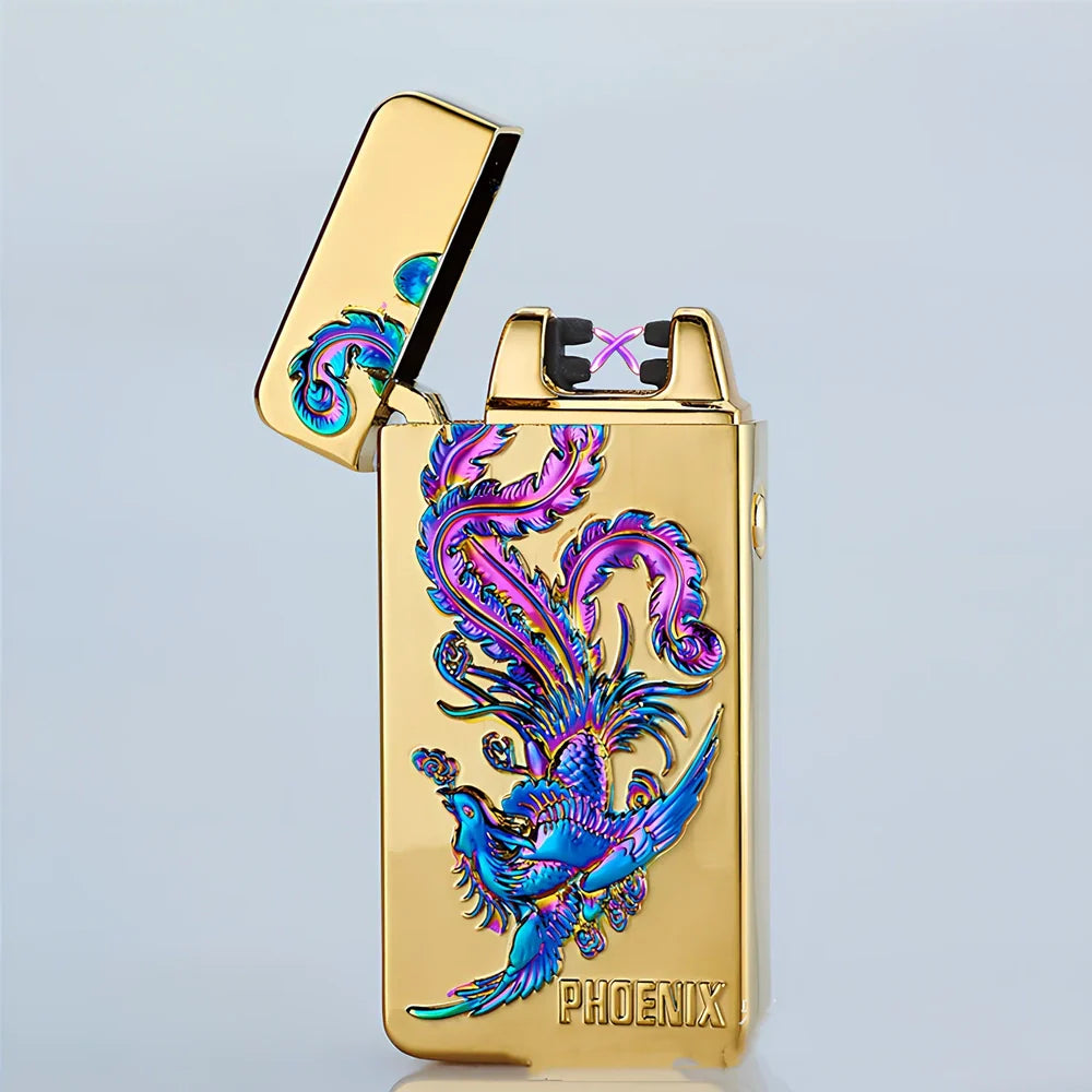 USB charging windproof metal lighter in Ice Golden Dragon design, 73.5x35x13mm compact size for reliable flame