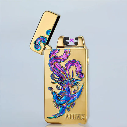 USB charging windproof metal lighter in Ice Golden Dragon design, 73.5x35x13mm compact size for reliable flame
