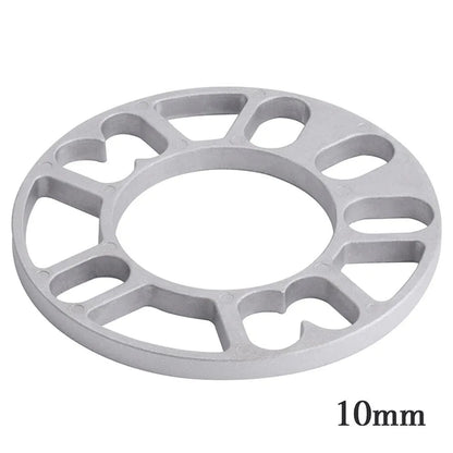 A metal hub widening gasket or spacer for car wheels, shown with thickness options of 3mm, 5mm, 8mm, and 10mm.