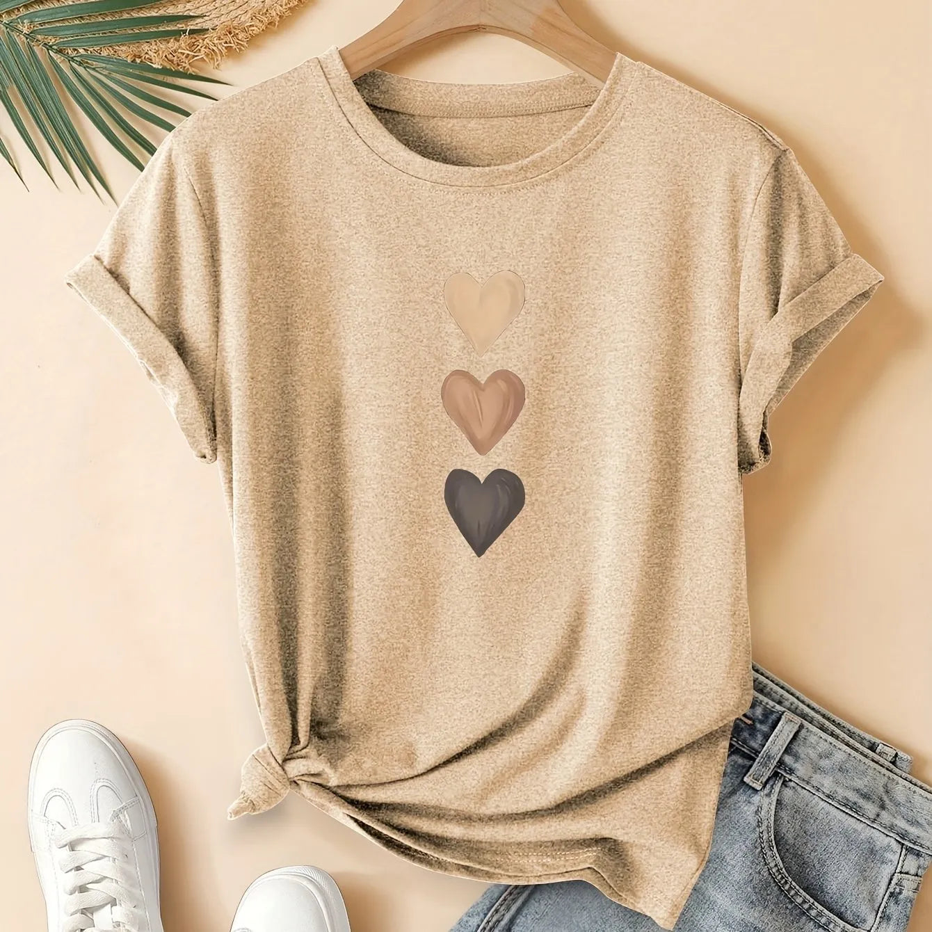Women's art retro pure cotton short sleeve T-shirt in blue.