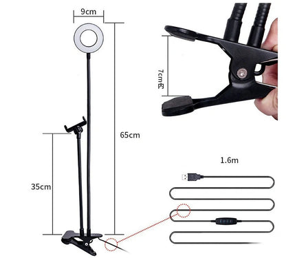 Adjustable LED Selfie Ring Light with universal phone holder and USB power