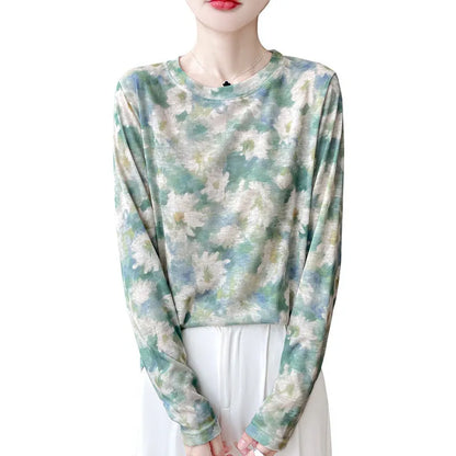 Women's round neck floral print pullover in Tencel cotton fabric, shown in a colourway from the range of five designs.