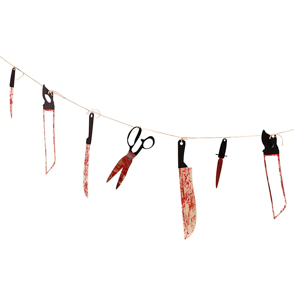 Halloween blood knife decoration set with 12 weapon props on 2.2 metre string