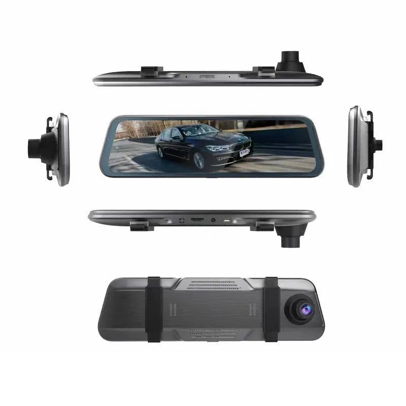 Black rearview mirror dash cam with 10-inch touch screen display for 1080P driving recording.