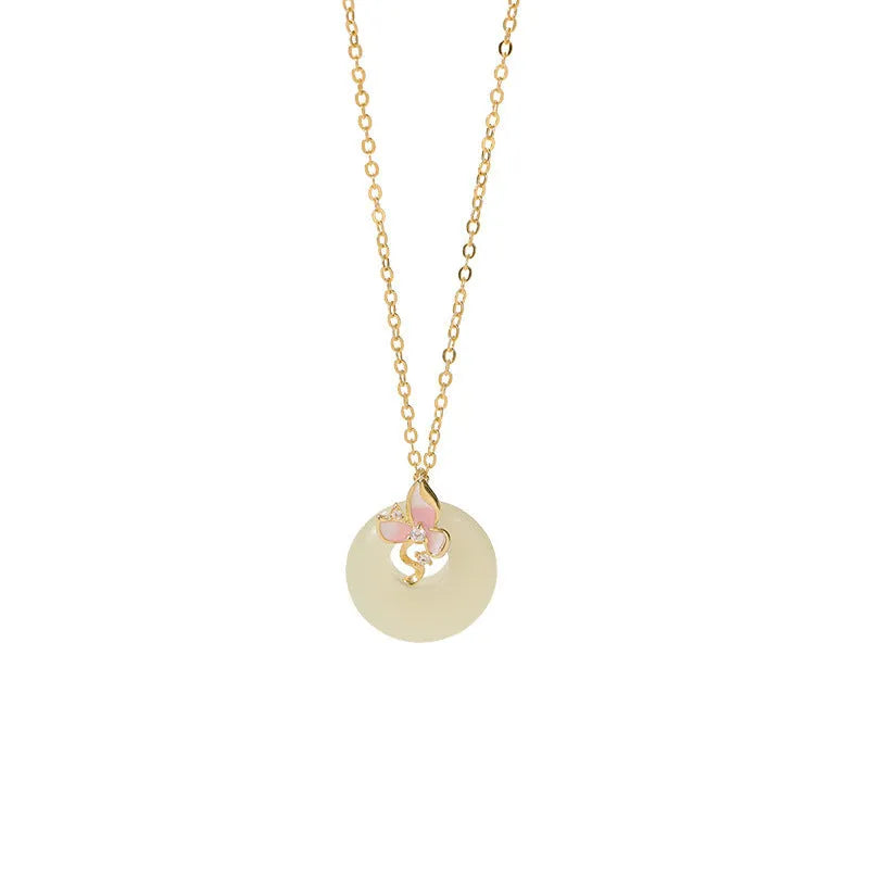 925 silver orchid necklace with geometric flower pendant and safety buckle clasp on O-ring chain