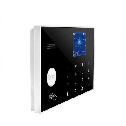 Intelligent WiFi GSM burglar alarm host unit with wireless touch button and antenna for home security.