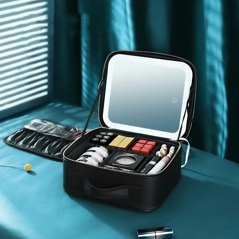 Large cosmetics bag with LED mirror light in black, measuring 26cm wide with USB charger