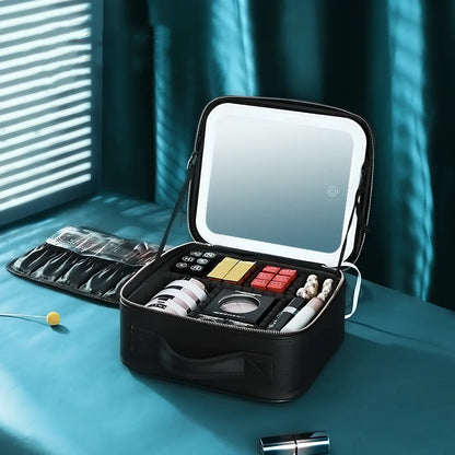 Large cosmetics bag with LED mirror light in black, measuring 26cm wide with USB charger