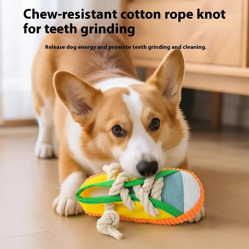 Plastic squeaky dog slipper chew toy in yellow, black, or blue colour