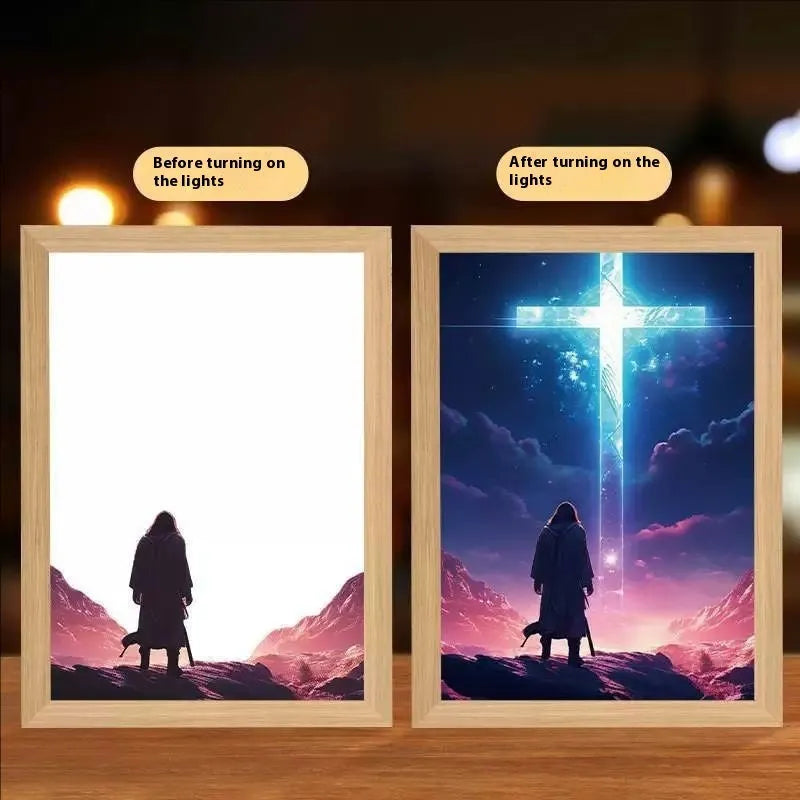 Modern rectangular light painting photo frame displaying an illuminated cross and scenic artwork.