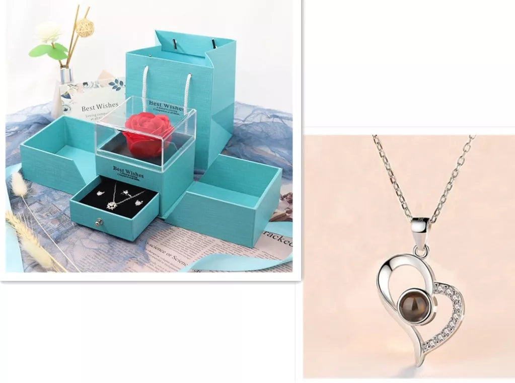 Valentine's Day Metal Rose Jewelry Gift Box Necklace with adjustable crystal necklace and maroon gift box