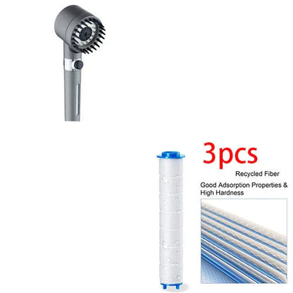 Premium multi-function shower head with rainfall and massage modes, made of durable ABS material and featuring a built-in water filter.