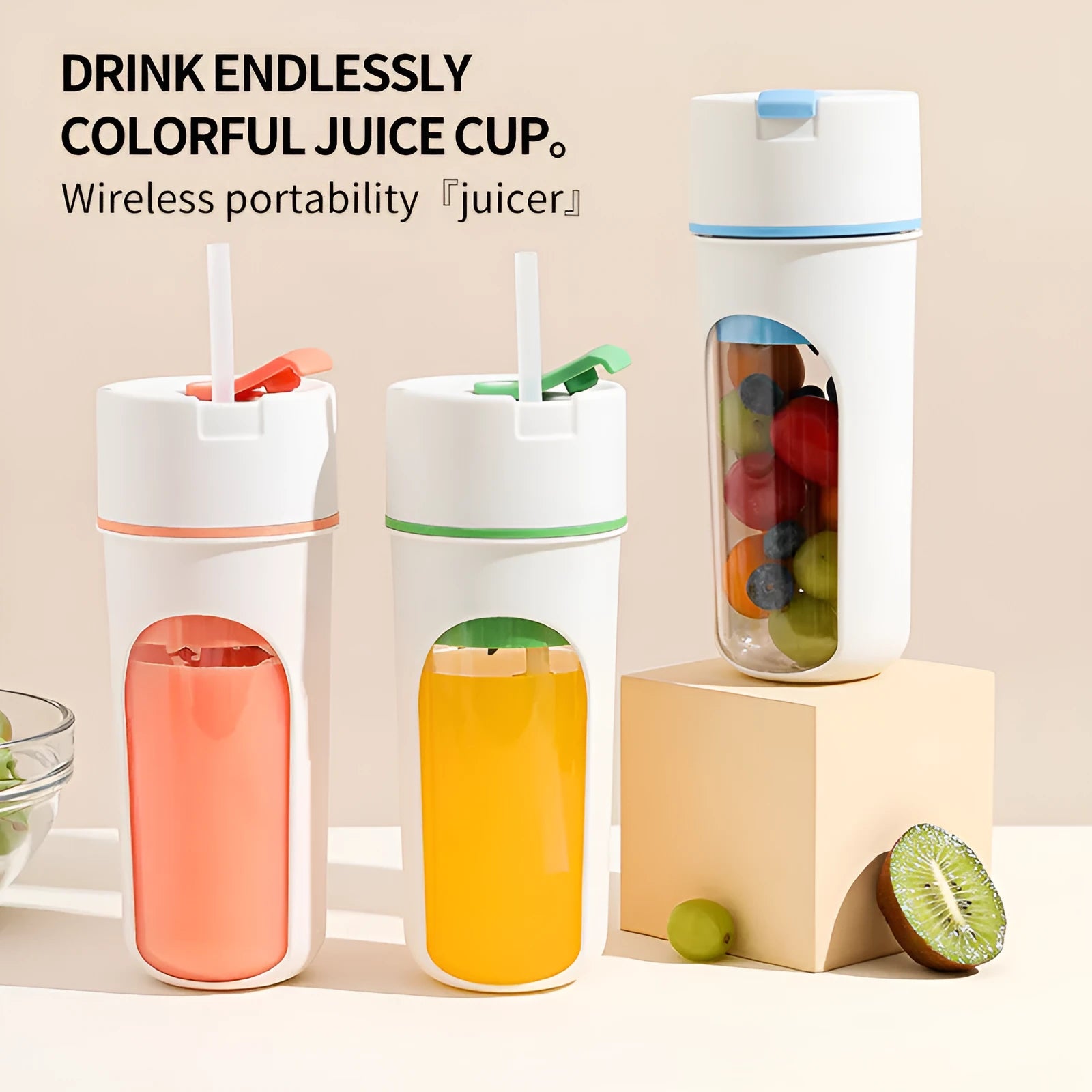 Blue portable USB rechargeable electric juicer blender with a large feed cap on a kitchen counter.