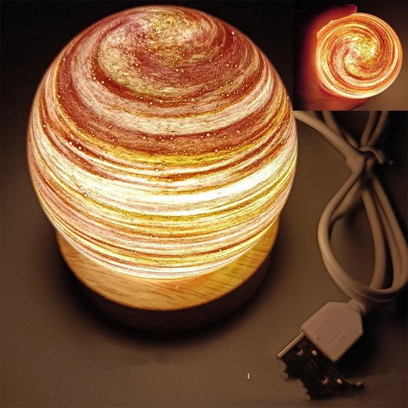 Planet night light with USB cable and base, showing 80mm model and three-colour dimming options