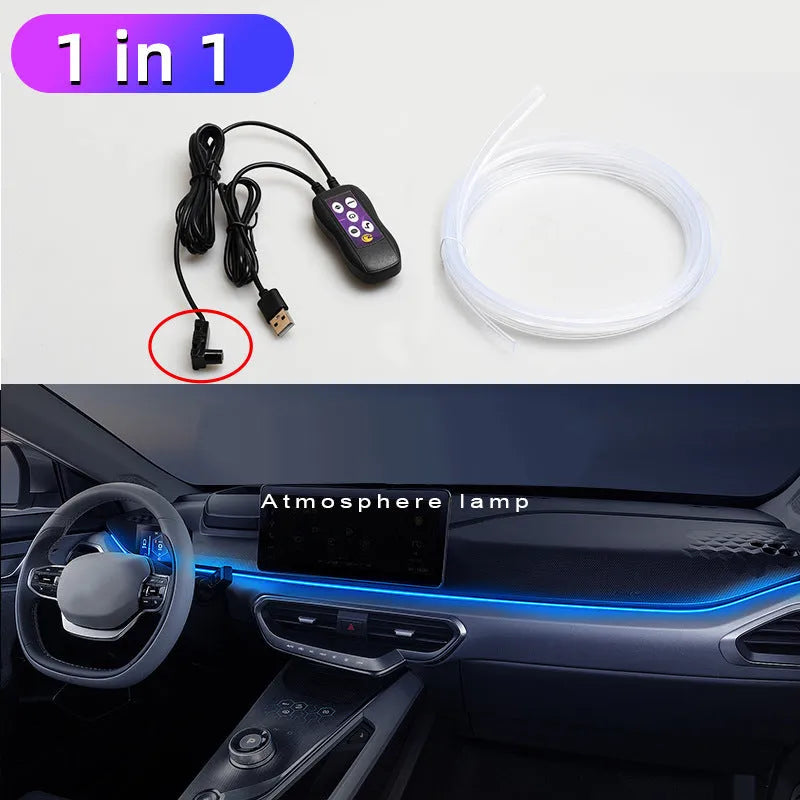 Car USB LED atmosphere lamp showing colour-changing lights installed on centre console and instrument panel