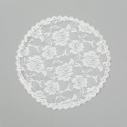 Round white floral polyester head cover accessory for brides measuring 30cm