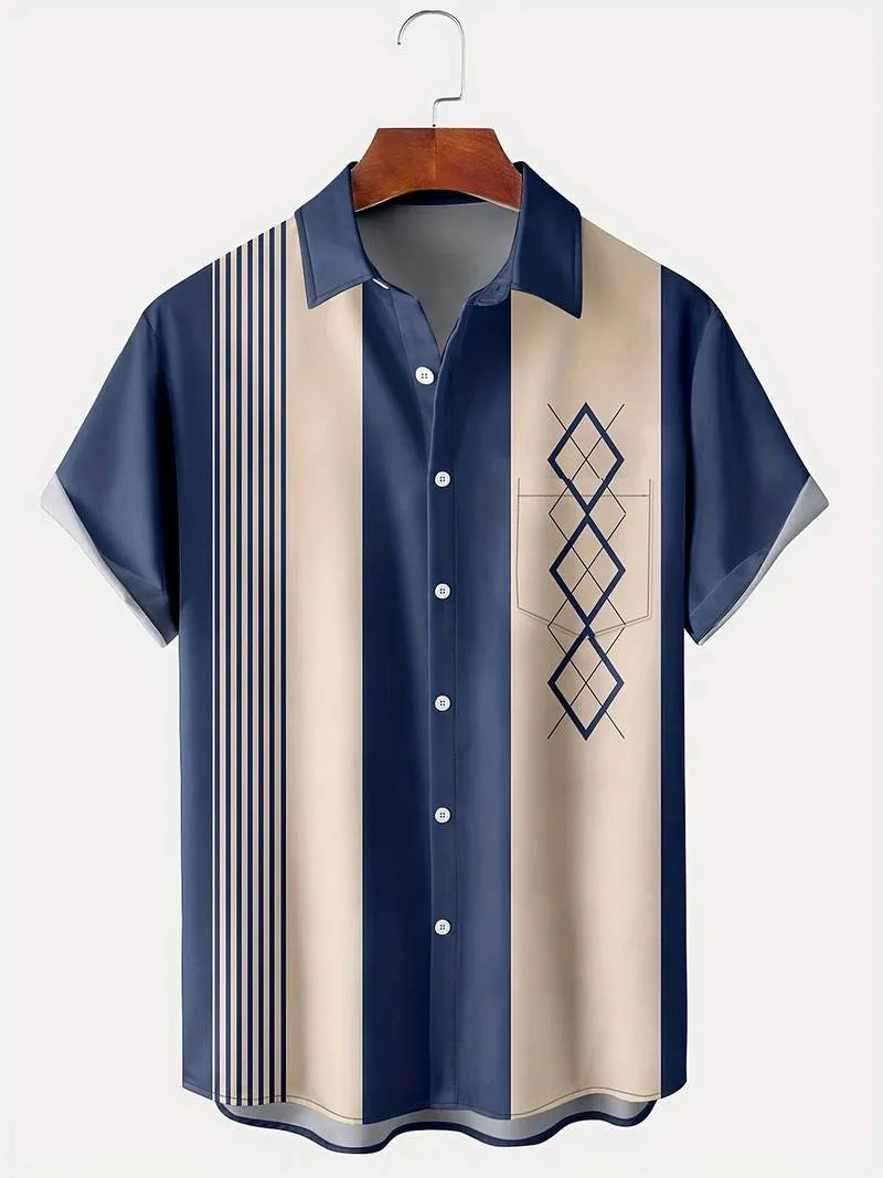 Men's plaid short-sleeve shirt with contrast lapel, shown in a loose cardigan style.