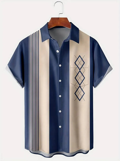 Men's plaid short-sleeve shirt with contrast lapel, shown in a loose cardigan style.