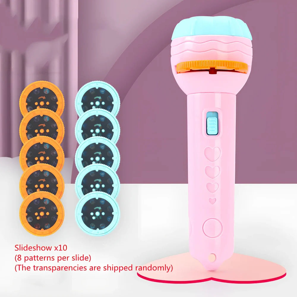 Red cartoon projection flashlight showing rotating lens mechanism for 80 pattern changes