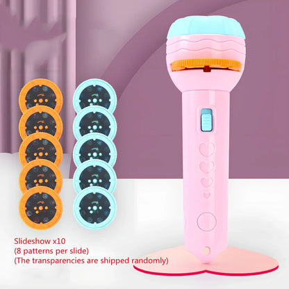 Red cartoon projection flashlight showing rotating lens mechanism for 80 pattern changes