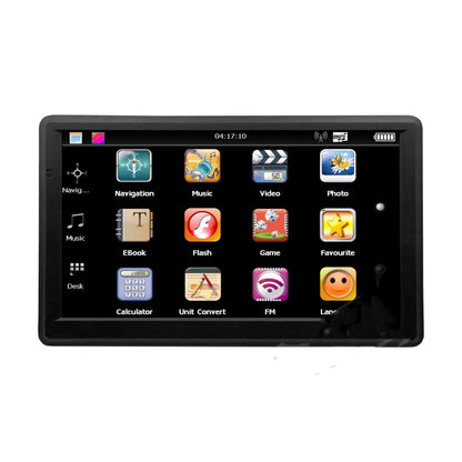 Black portable 7 inch car GPS navigation device with bracket and car charger on a dashboard.