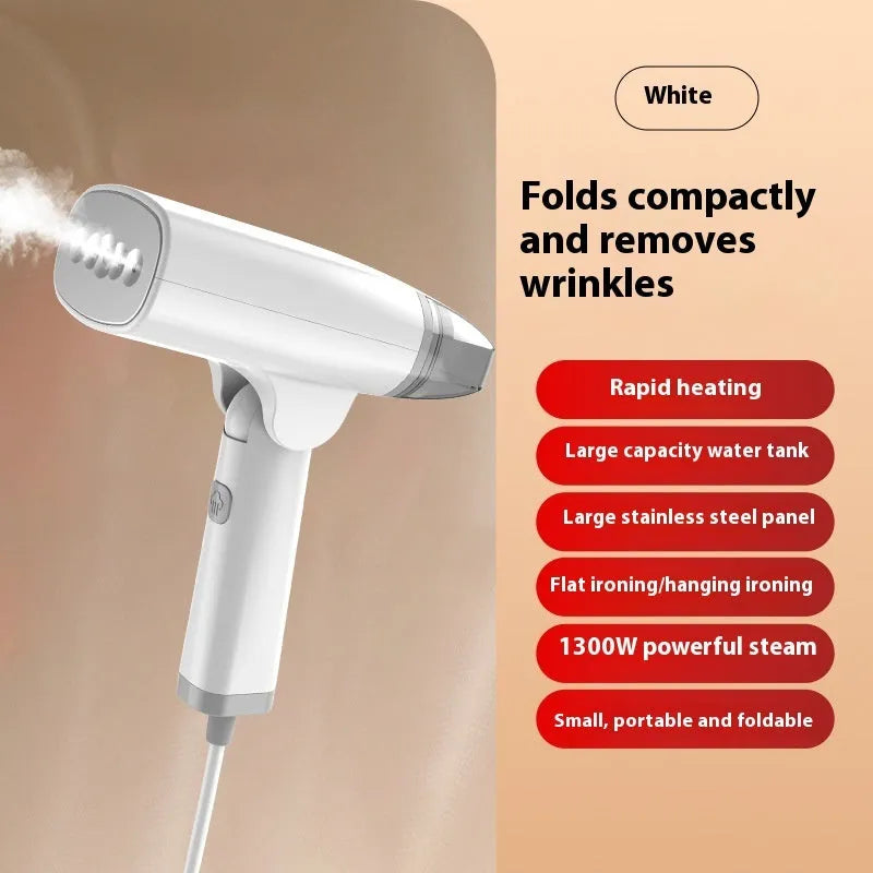 Blue handheld garment steamer with water tank, measuring 196mm long, on white background