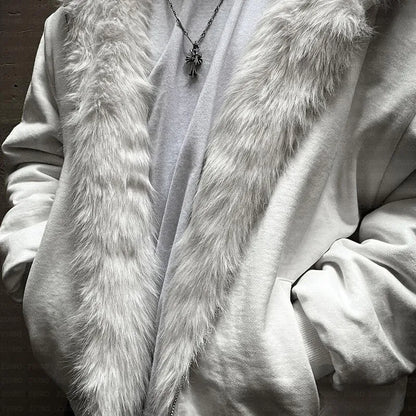 Casual baggy polyester coat in black or white with long sleeves