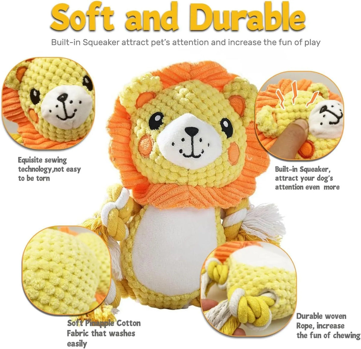 Plush monkey and lion squeaky dog toys on a white background, showing sizes 17x13.5cm and 9x12cm