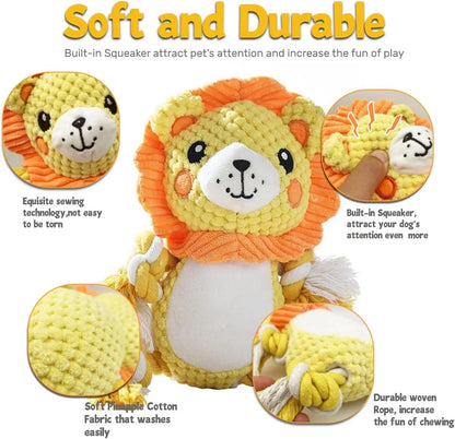 Plush monkey and lion squeaky dog toys on a white background, showing sizes 17x13.5cm and 9x12cm