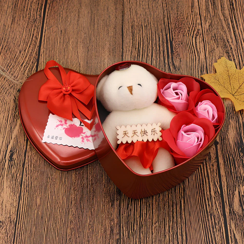 Handmade soap flowers in red heart-shaped tin box measuring 12x12x5cm