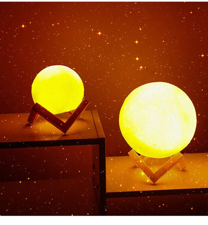 3D printed PVC moon lamp LED night light with warm white glow on stand