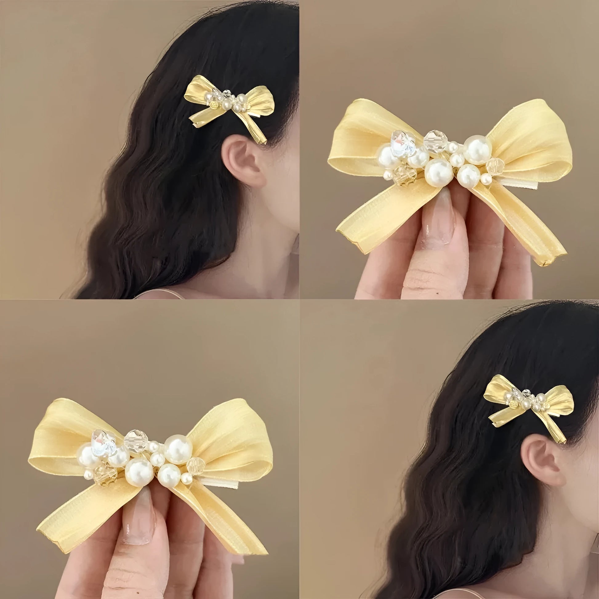 Yellow bow barrette hair clip with rhinestone pearls and duckbill clip mechanism