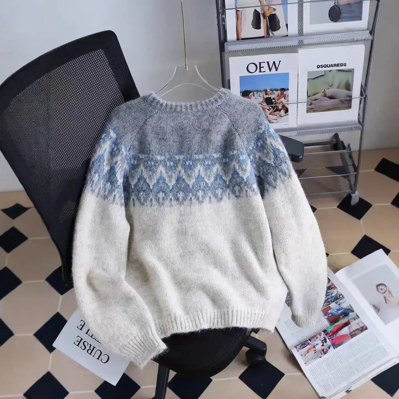 Contrast Colour Jacquard Thickened Sweater Coat for Women: Loose-Fit Long Sleeve with 100% Polyester Fabric in Free Size, Available in Milky White, Brown, and Navy Blue