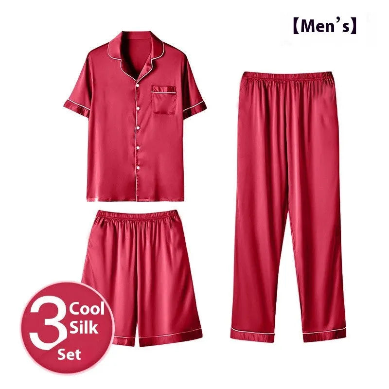 Men's ice silk three-piece home wear loungewear set showing shorts and trousers in a selected colour.