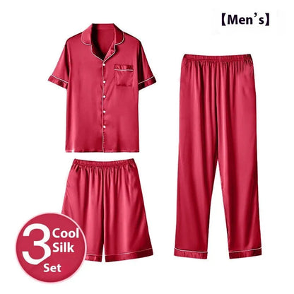 Men's ice silk three-piece home wear loungewear set showing shorts and trousers in a selected colour.
