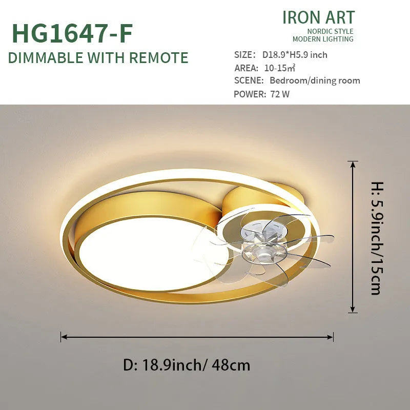 Nordic style ceiling fan with integrated light, 48cm diameter, in black or gold finish with metal blades.
