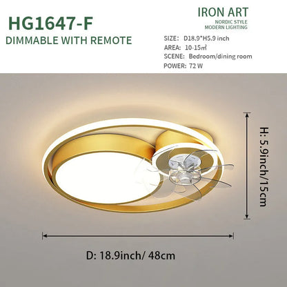 Nordic style ceiling fan with integrated light, 48cm diameter, in black or gold finish with metal blades.