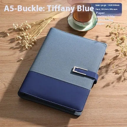 A5 soft PU leather notebook in Business Brown colour, showing thick wood-free paper inside.