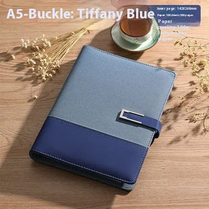 A5 soft PU leather notebook in Business Brown colour, showing thick wood-free paper inside.