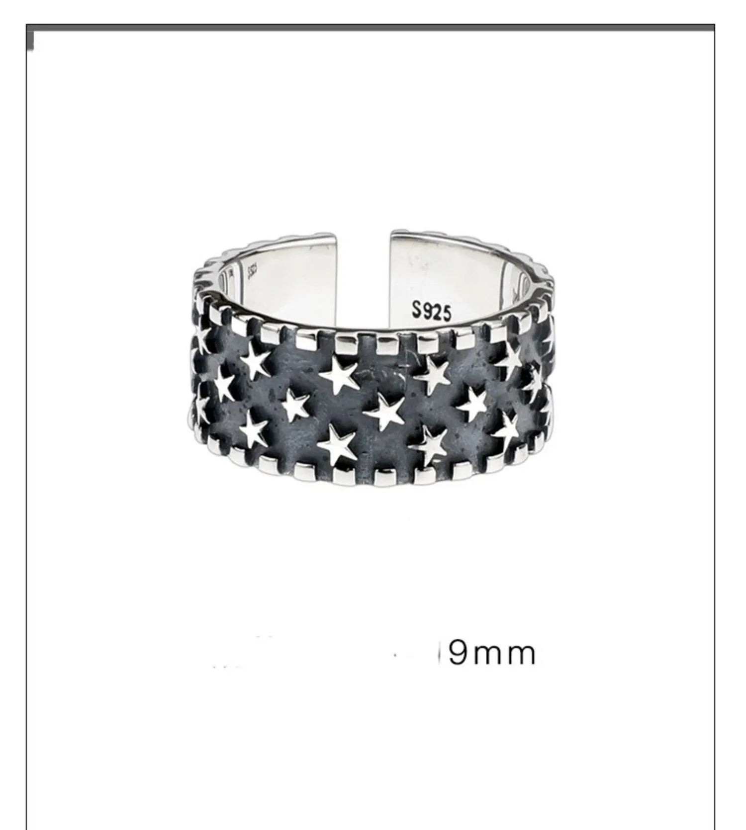 Adjustable opening sterling silver ring with etched five-pointed star geometry pattern on a band.