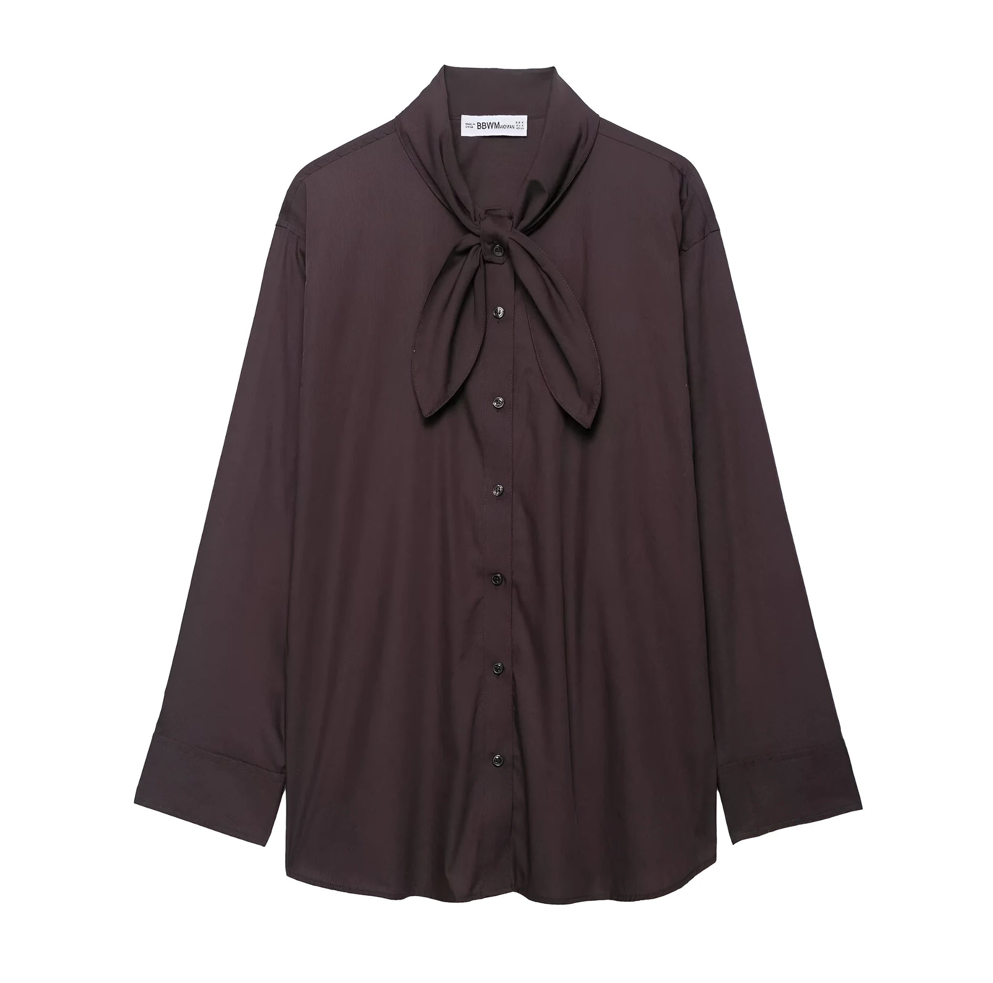 Brown women's loose-fit poplin shirt with long sleeves and an attached bow tie scarf.