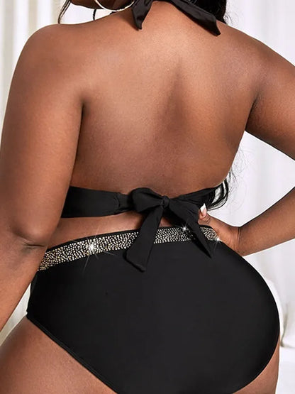 Black plus size women's bikini set with bra and shorts for swimming and hot springs