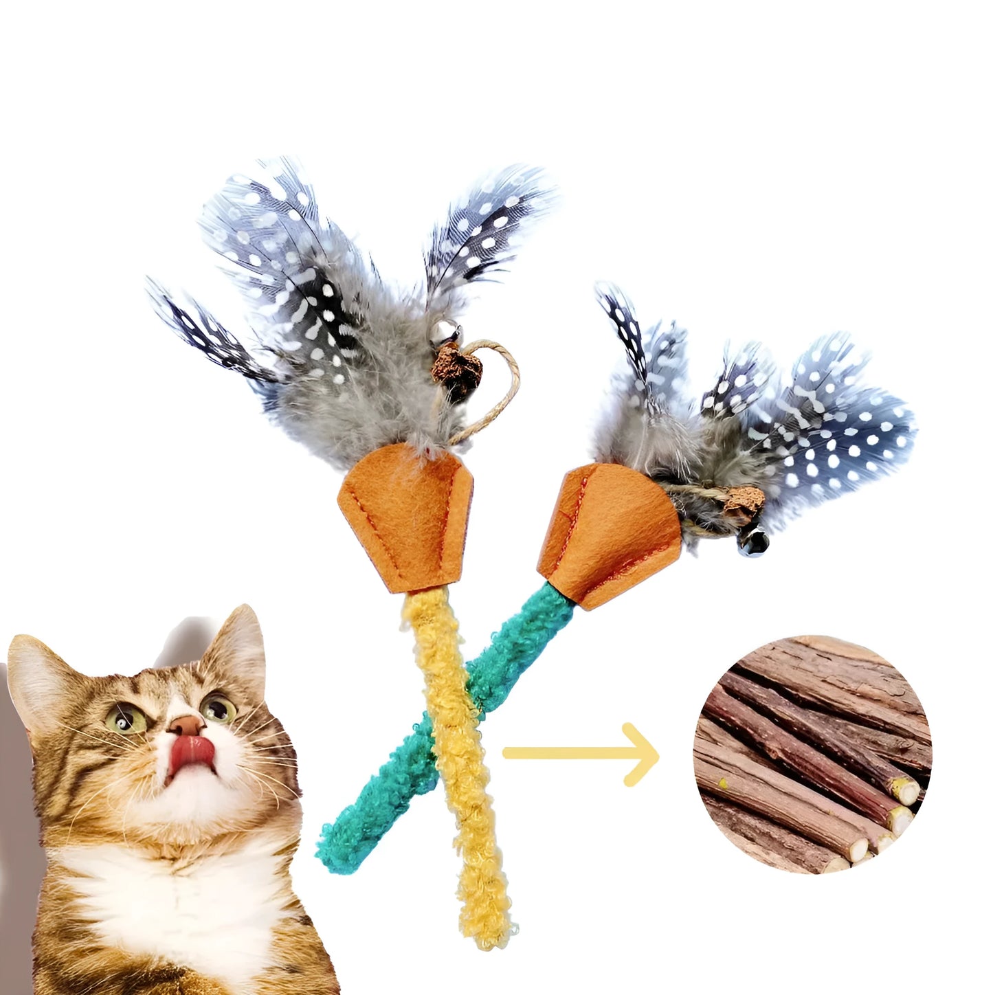 Polygonum wood cat feather chew toy with green and yellow feathers for dental care and interactive play