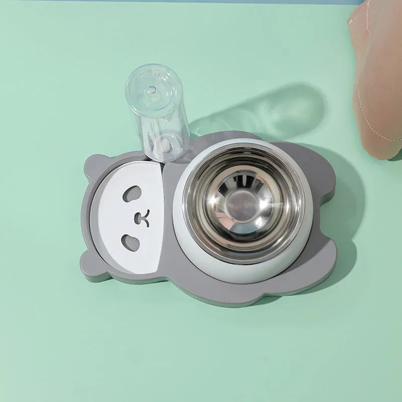 Grey panda-shaped tilted pet feeder with food bowl, water bowl, and a 17oz water bottle attached.