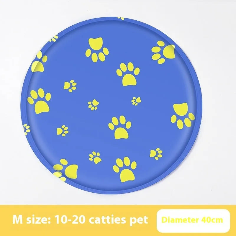 Round pet cooling mat with cartoon designs in 40cm and 50cm sizes for dogs
