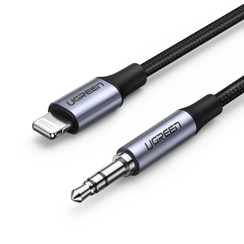 Black Apple Lightning to 3.5mm audio cable for car with silk braid and aluminium shell